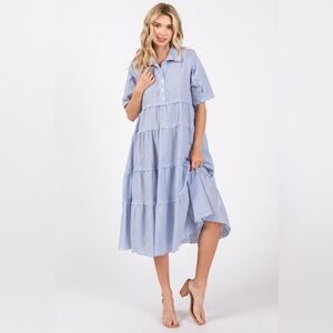 Umgee Blue Striped Tiered Raw Hem Midi Dress